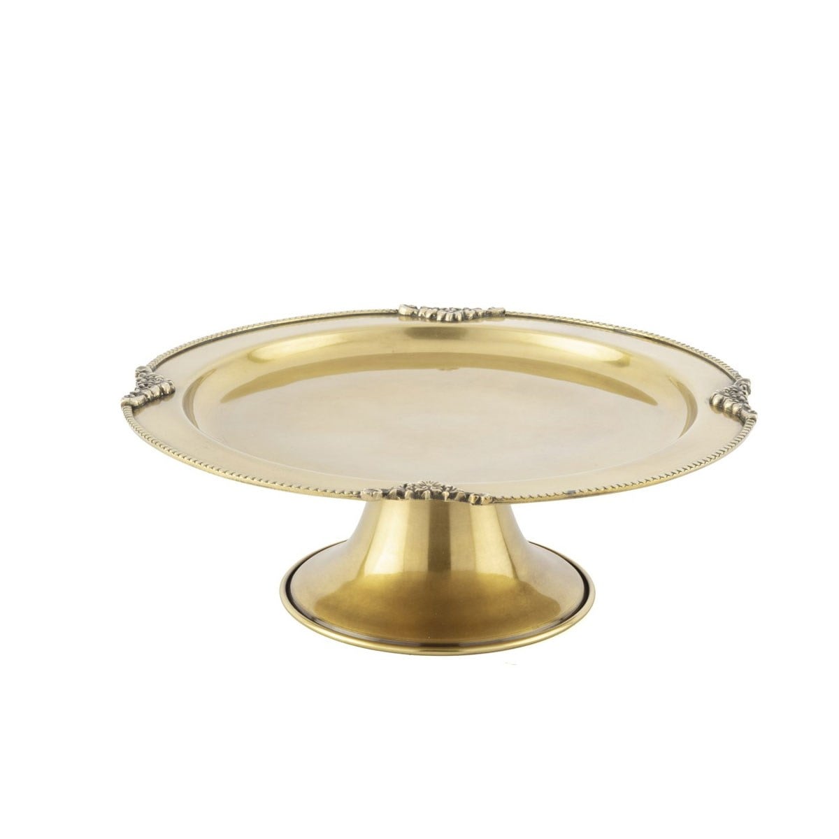 Çamlıca Home eskitme antik bakır pirinç tonlu boncuk kenarlı kabartma çiçek rölyef detaylı döküm konik ayaklı metal pasta ve kek sunum tabağı standı beyaz zemin ürün çekimi 27x10 cm