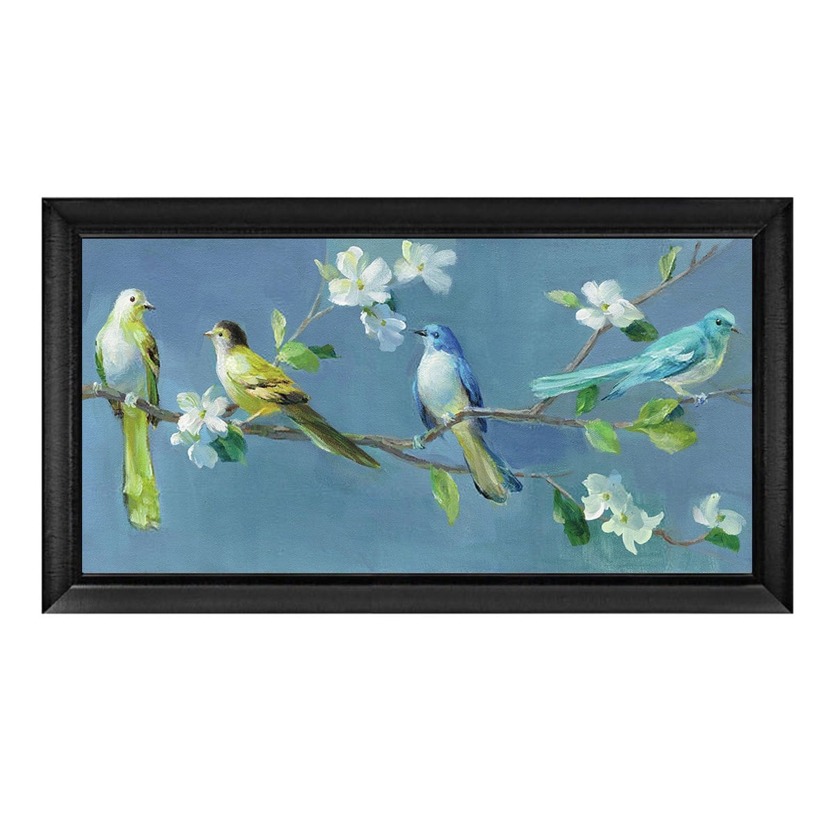 Pastel mavi zeminle modern kontrast oluşturan siyah çerçeveli doğa temalı kanvas tablo an-2331 Çamlıca Home
