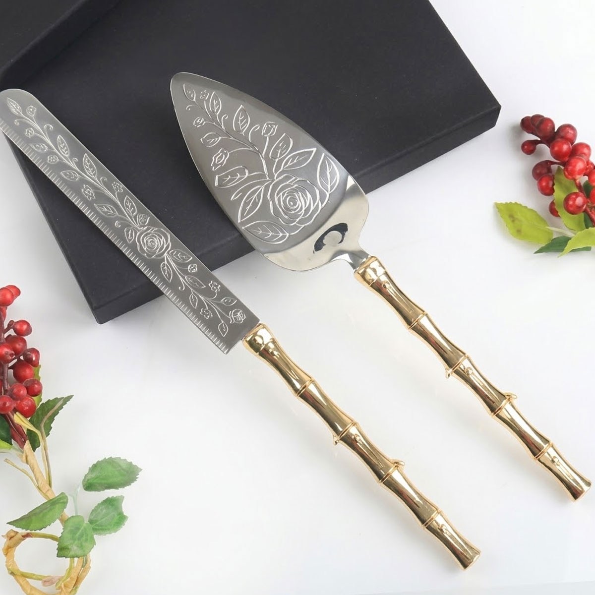 Çamlıca Home gül gravürlü bambu dalı saplı altın kaplama 2li pasta servis seti