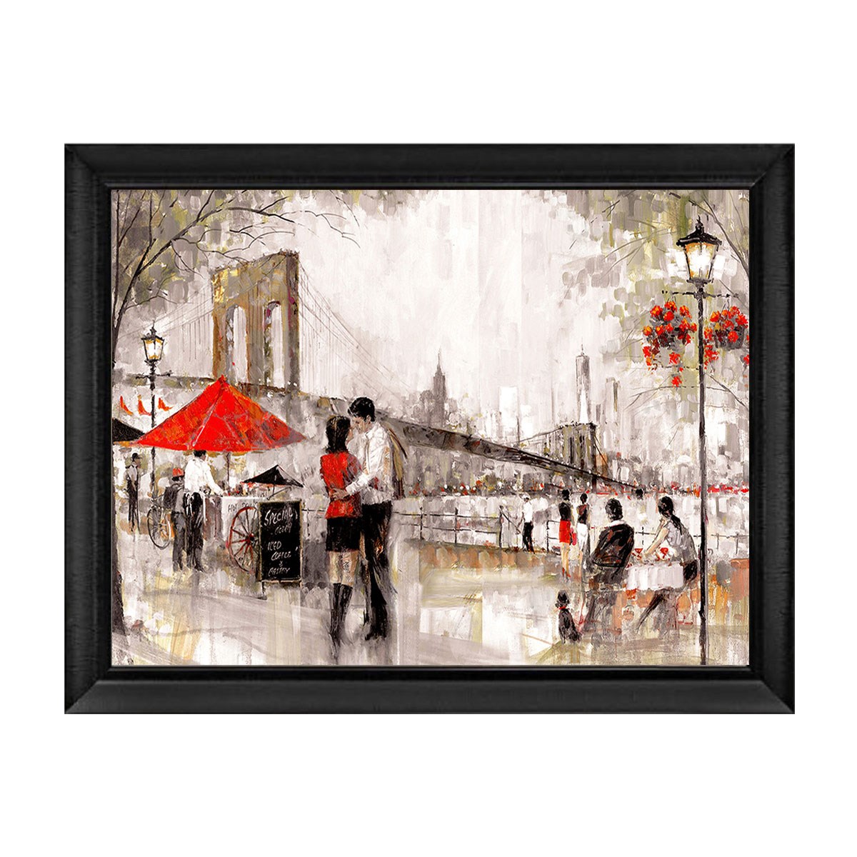 Siyah çerçeveli Brooklyn köprüsü ve romantik çift manzaralı tablo ls-082 - Çamlıca Home
