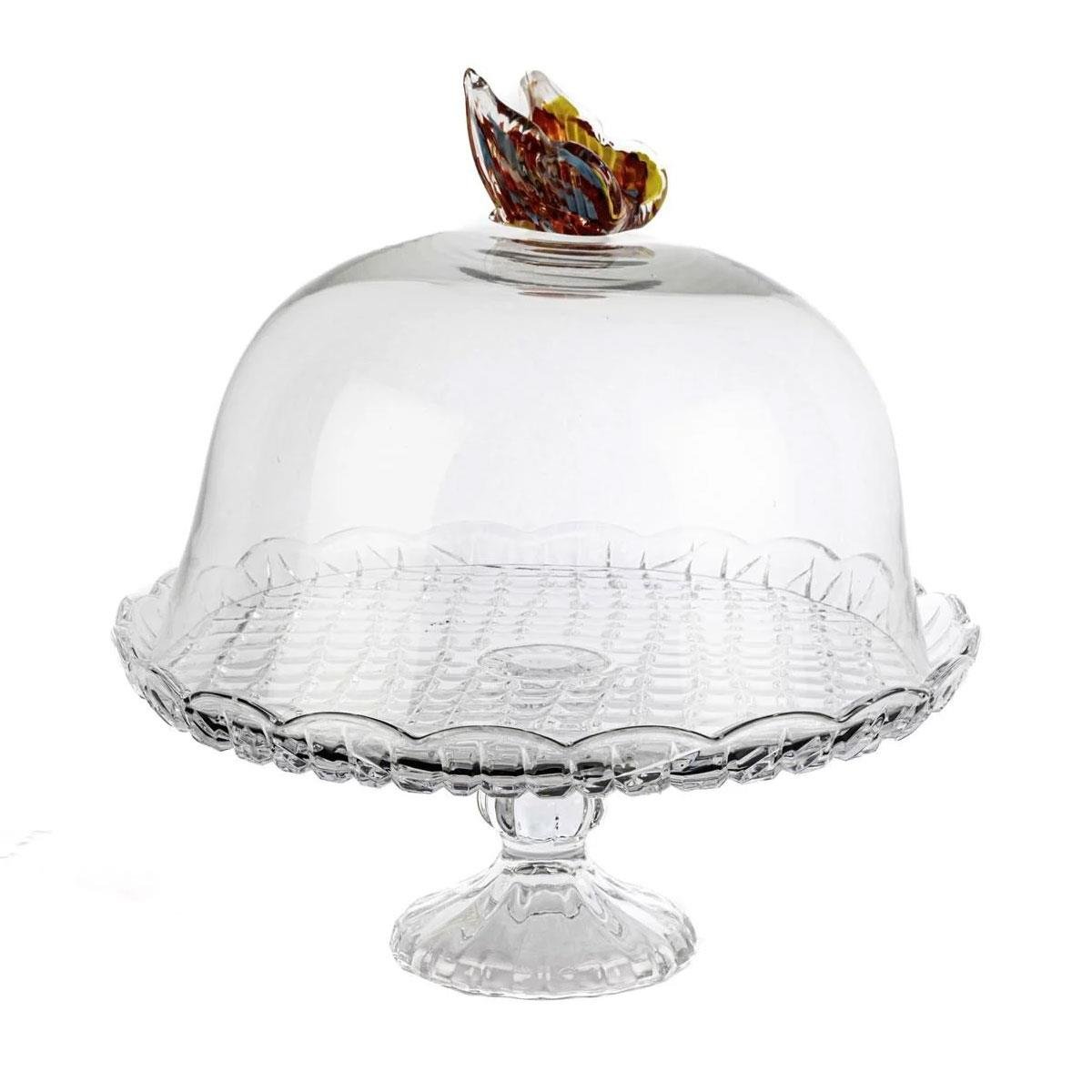 Büyük Boy Amber Kelebek Kapaklı Ayaklı Cam Kek Standı 31x31 cm - Lüks Pasta Fanusu