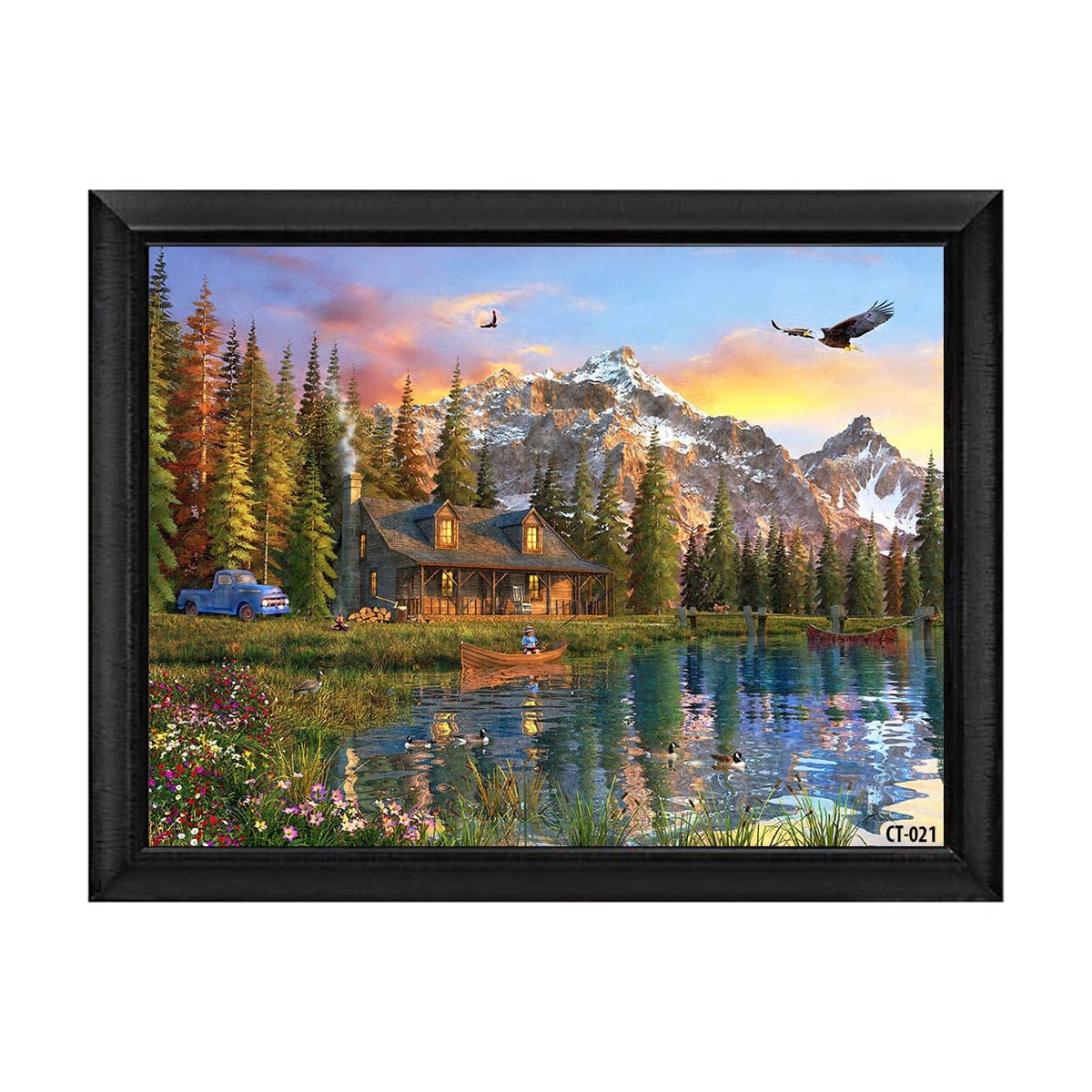 Siyah çerçeveli dağ manzaralı göl evi ve doğa manzaralı tablo ct-021 - Çamlıca Home