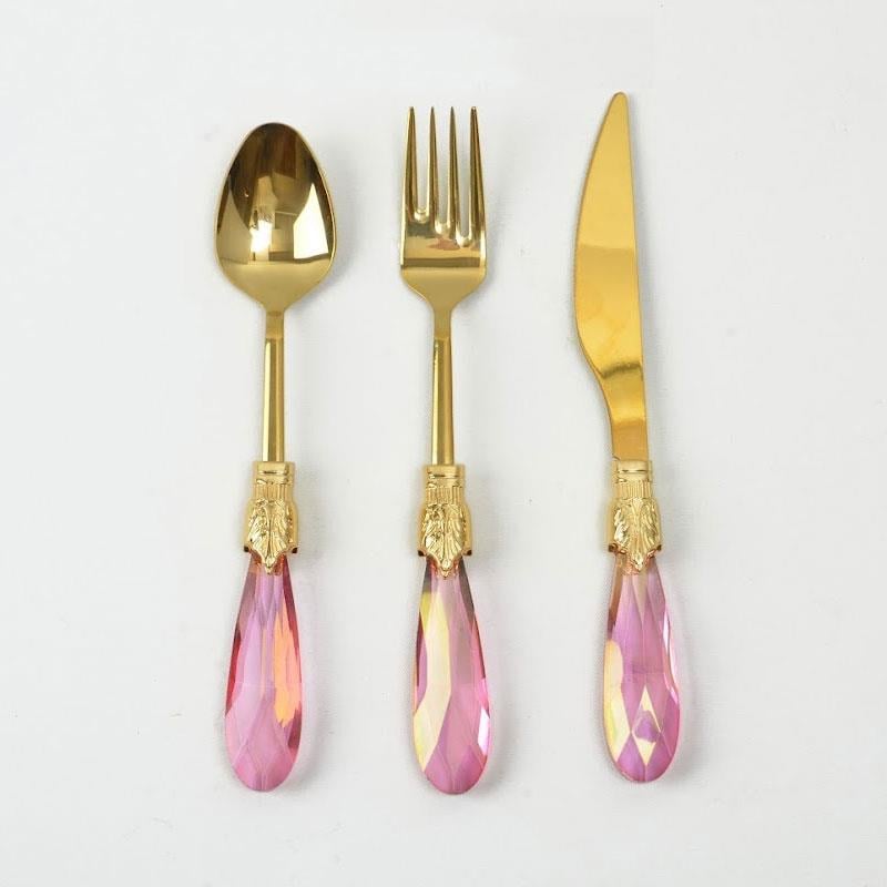 Emayra 18 Parça 6 Kişilik Pembe Titanyum Kristal Saplı Tatlı Çatal Kaşık Bıçak Seti - Çamlıca Home