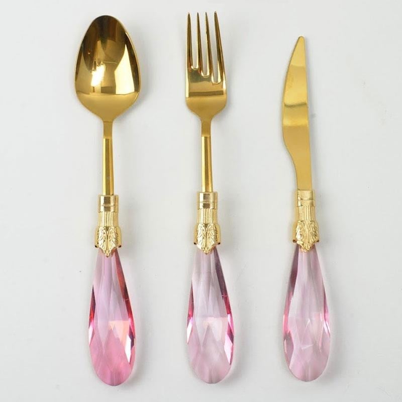 Emayra Diamond 18 parça pembe kristal saplı altın titanyum yemek takımı - Çamlıca Home