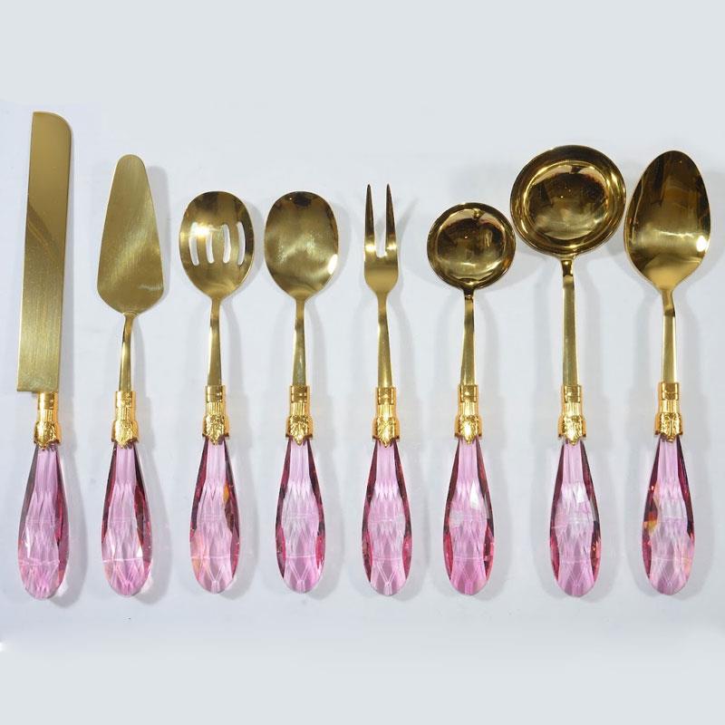 Emayra 8 Parça Pembe Altın Kristal Saplı Servis Kaşığı Seti - Çamlıca Home