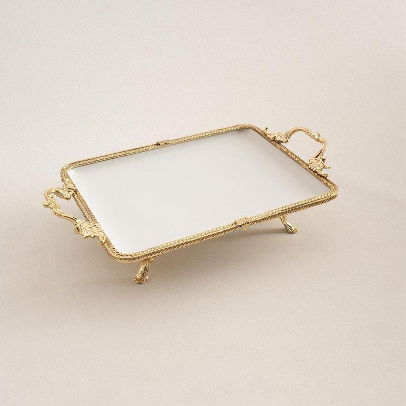 Emayra Altın Dikdörtgen Kulplu Ayaklı Porselen Sunum Tabağı 30x22 cm - Çamlıca Home