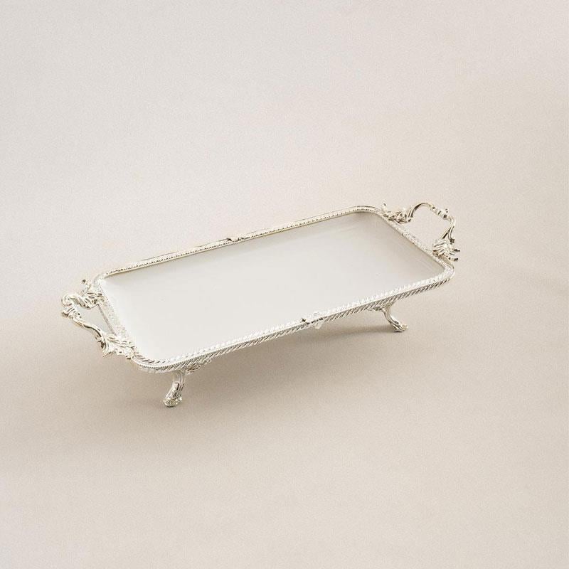 Emayra Dikdörtgen Kulplu Slim Porselen Sunum Tabağı 30x14 cm Gümüş - Çamlıca Home