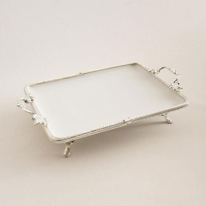 Emayra Dikdörtgen Kulplu Porselen Sunum Tabağı 35x26 cm Gümüş - Çamlıca Home