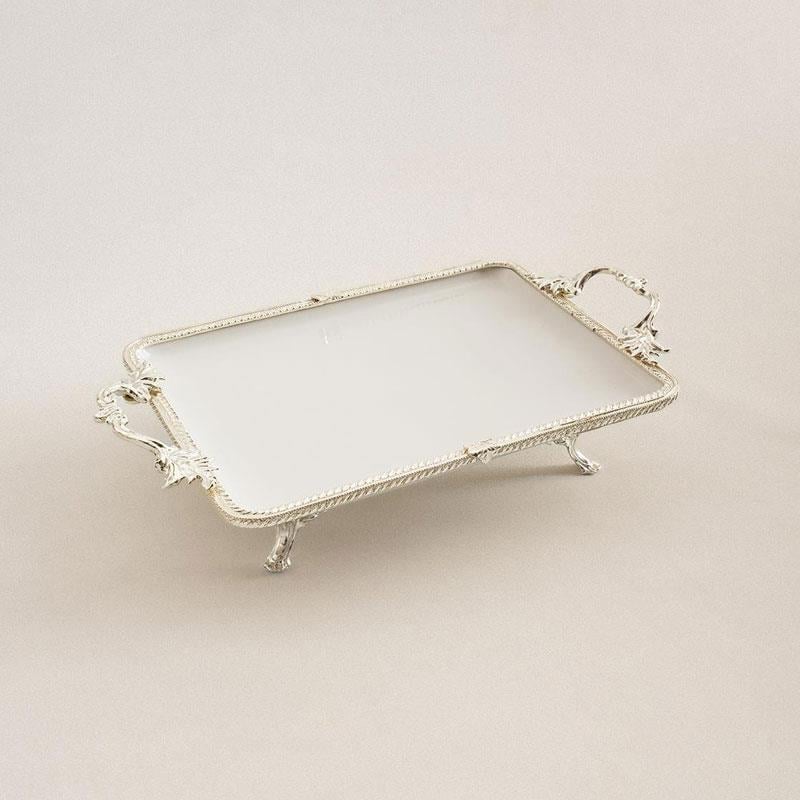 Emayra Dikdörtgen Kulplu Porselen Sunum Tabağı 30x22 cm Gümüş - Çamlıca Home
