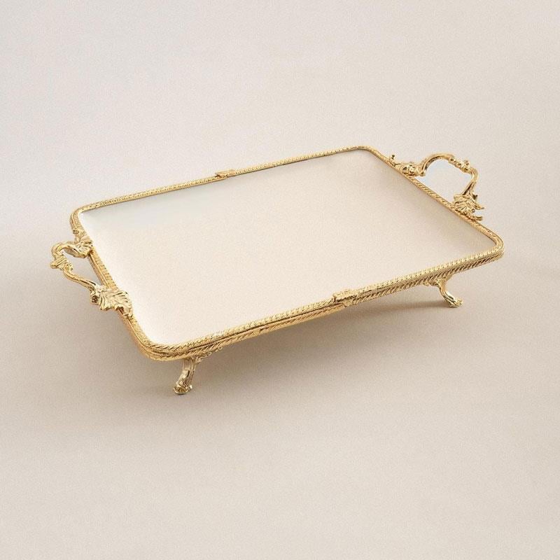 Emayra Altın Dikdörtgen Kulplu Ayaklı Porselen Sunum Tabağı 35x26 cm