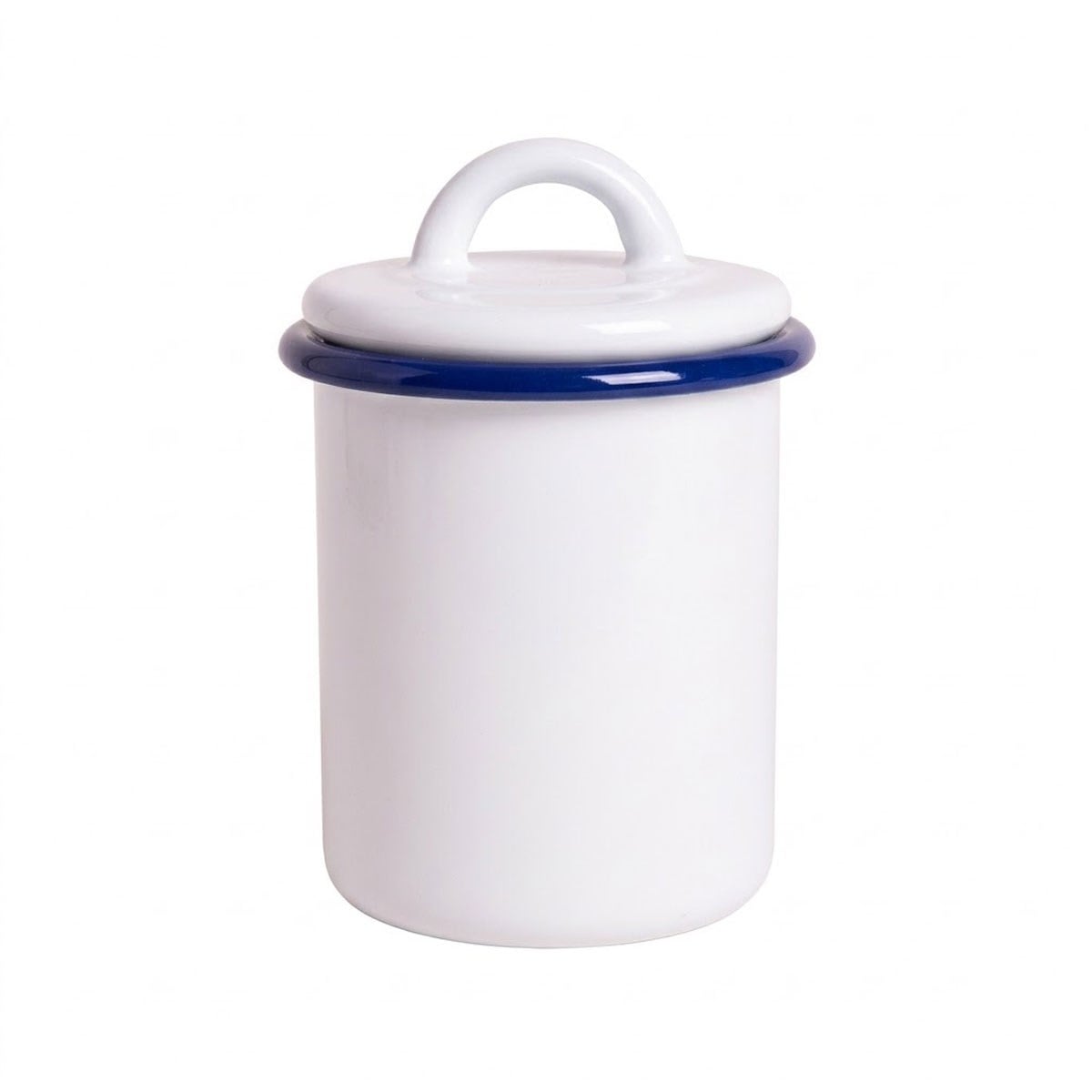Çamlıca Home kobalt mavi kordon biyeli beyaz emaye 850 ml geniş kulplu kapaklı baharatlık ve saklama kavanozu