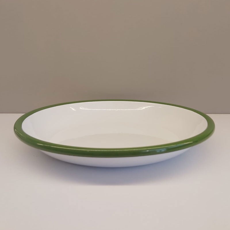 Emaye Derin Düz Tabak 25 cm Beyaz Çimen Yeşili - pizza-hamburger-emaye-tabak-davet