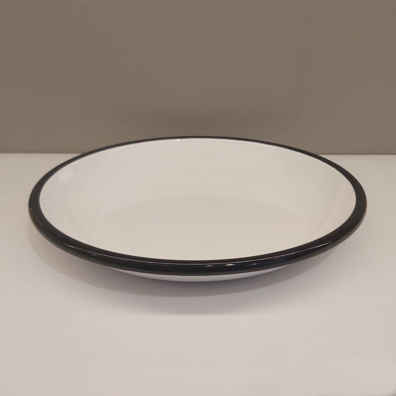 Emaye Derin Düz Tabak 25 cm Beyaz Siyah Kenar - büyük-porsiyon-emaye-tabak-sunum