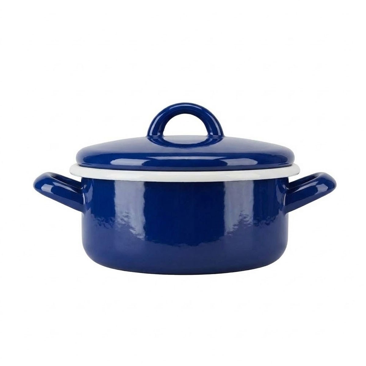 Çamlıca Home kobalt mavi beyaz kordon biyeli çift kulplu kapaklı derin emaye 18 cm pişirme tenceresi