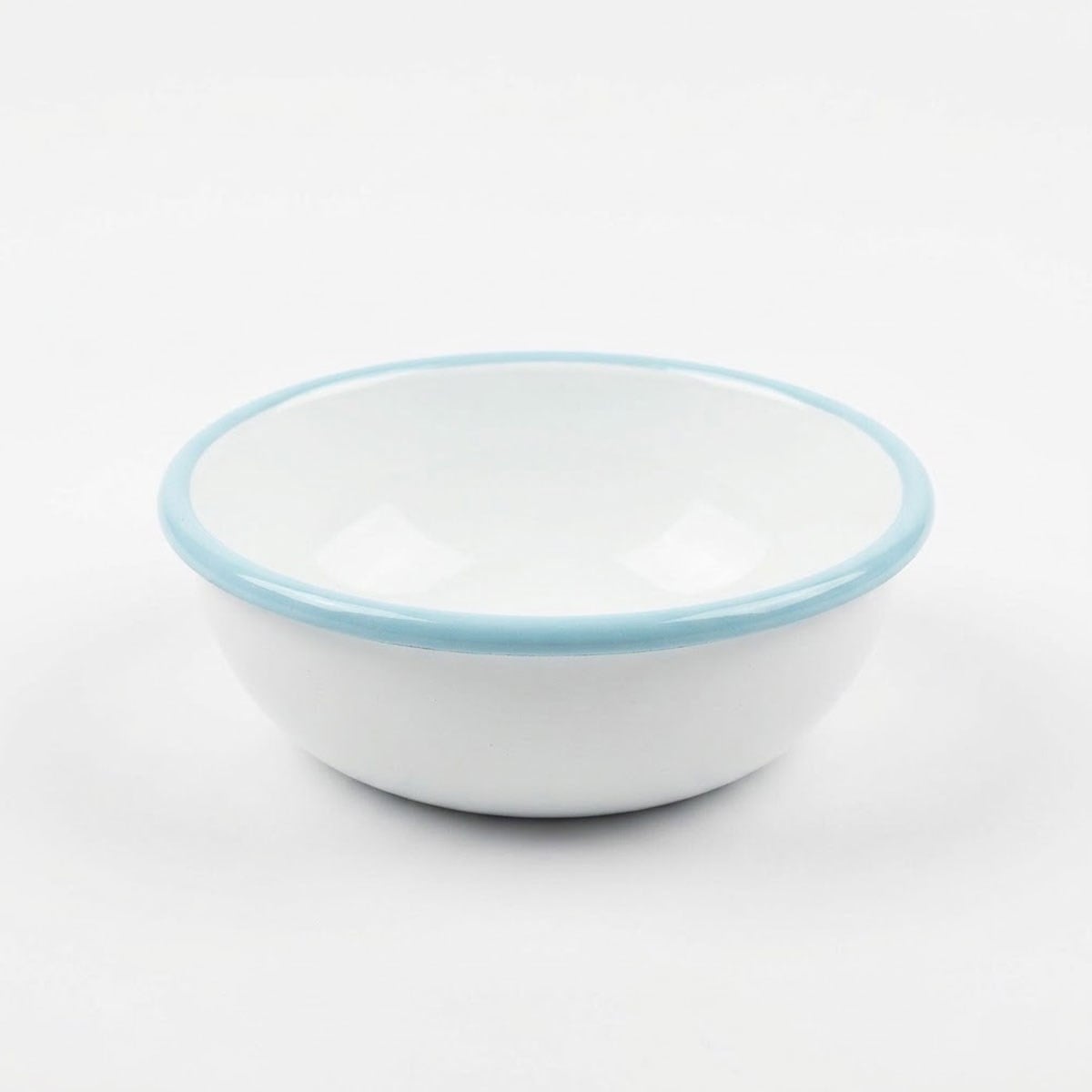 Duru beyaz zeminli ve toz mavi ağız kordonlu 14 cm fırınlanmış çelik emaye kase Çamlıca Home