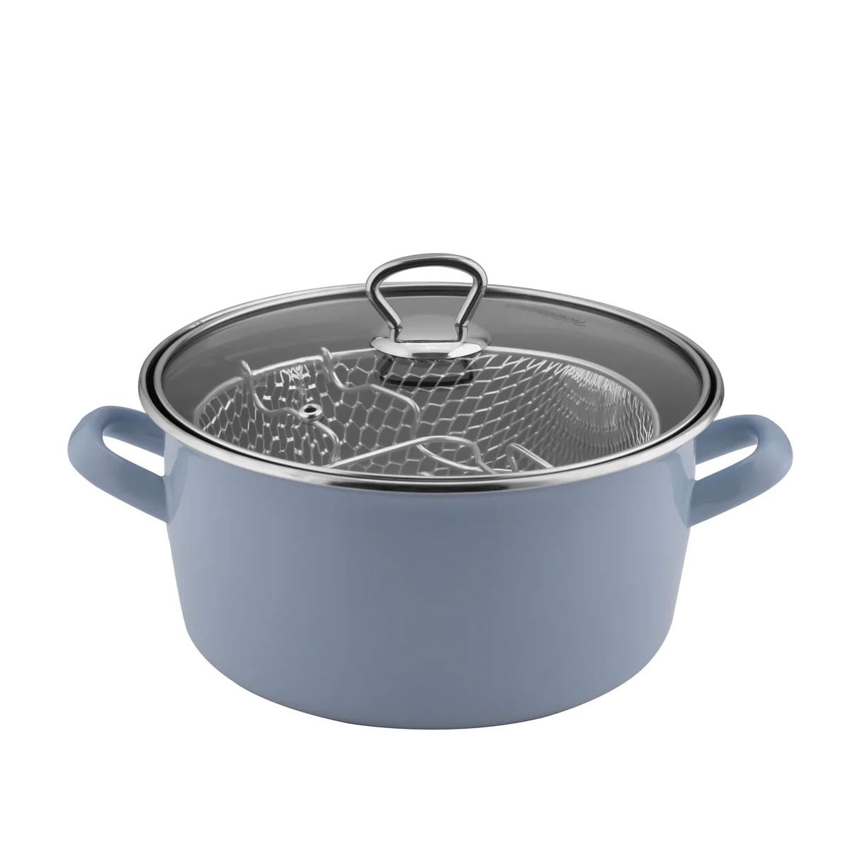 Çamlıca Home düz mavi 22 cm emaye kızartma tenceresi 3,5 litre kapasiteli metal telli cam kapaklı model