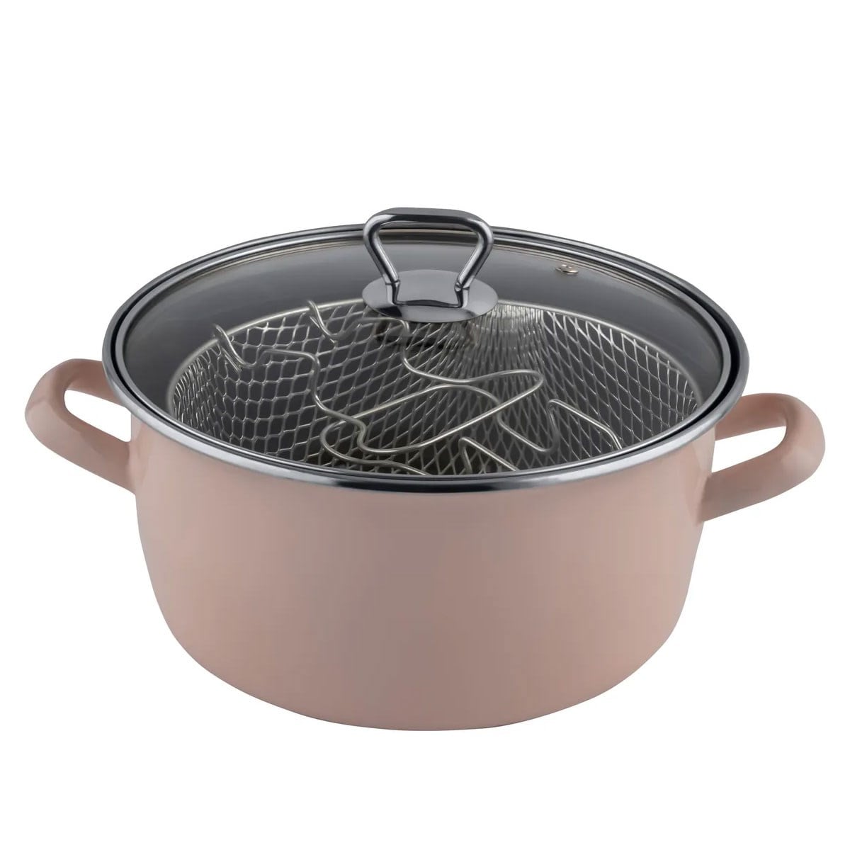 Çamlıca Home pudra pembe 22 cm emaye kızartma tenceresi 3,5 lt kapasiteli cam kapaklı ve telli model