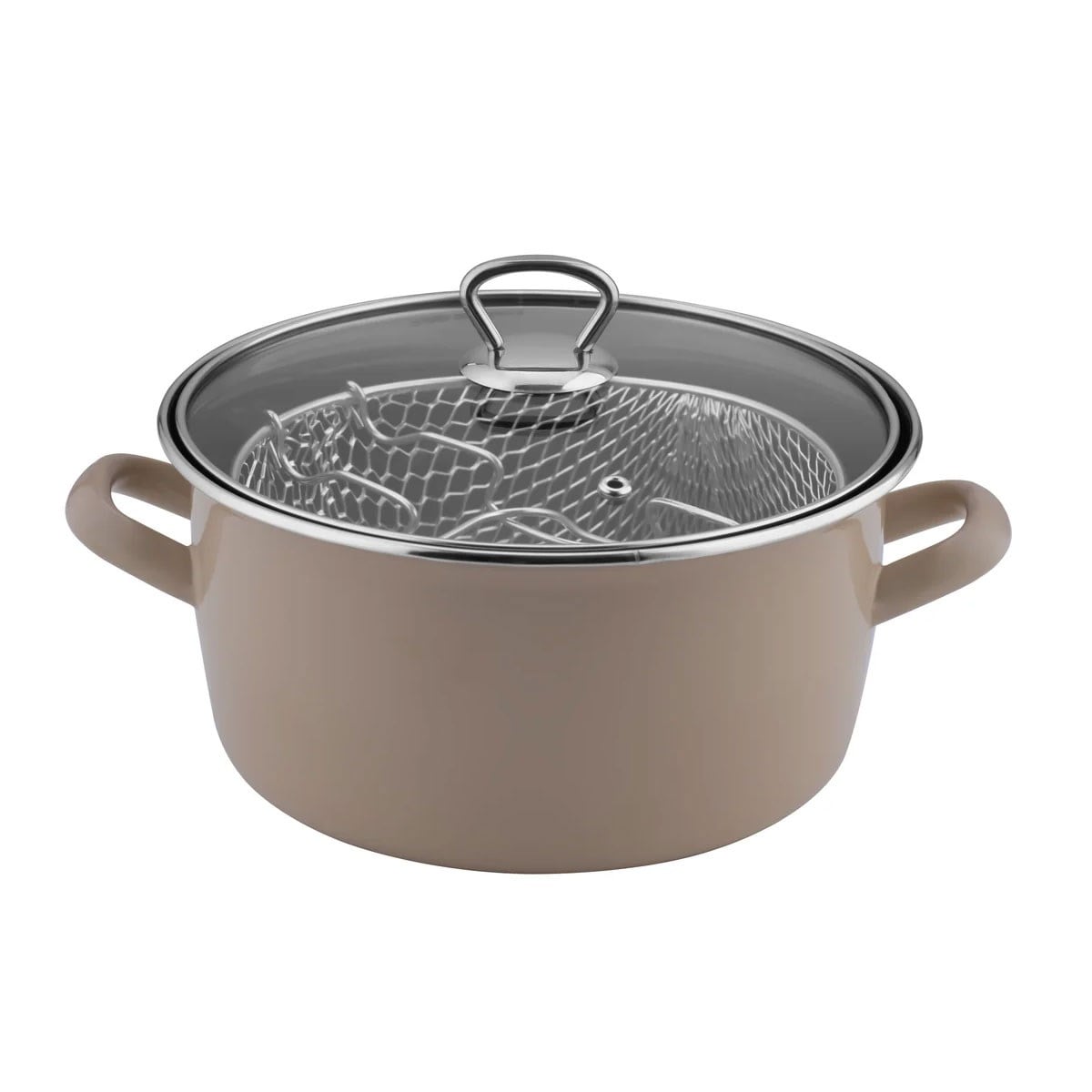 Çamlıca Home toprak rengi 22 cm emaye kızartma tenceresi metal kızartma telli ve cam kapaklı tasarım