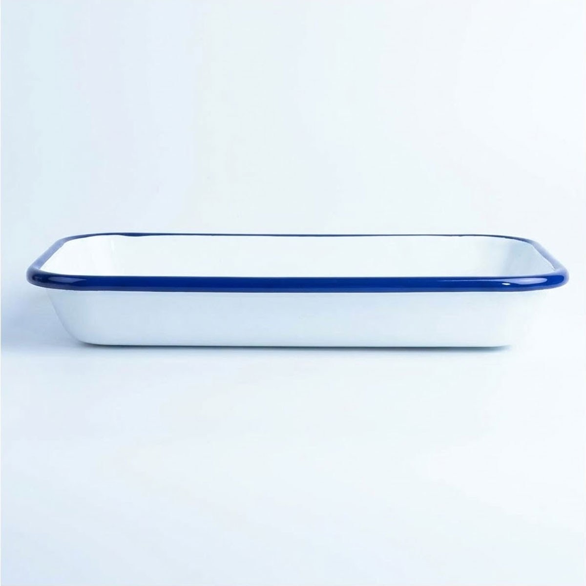 Çamlıca Home kobalt mavi kordon biyeli beyaz emaye 27x19 cm geniş dikdörtgen meze salata servis tabağı