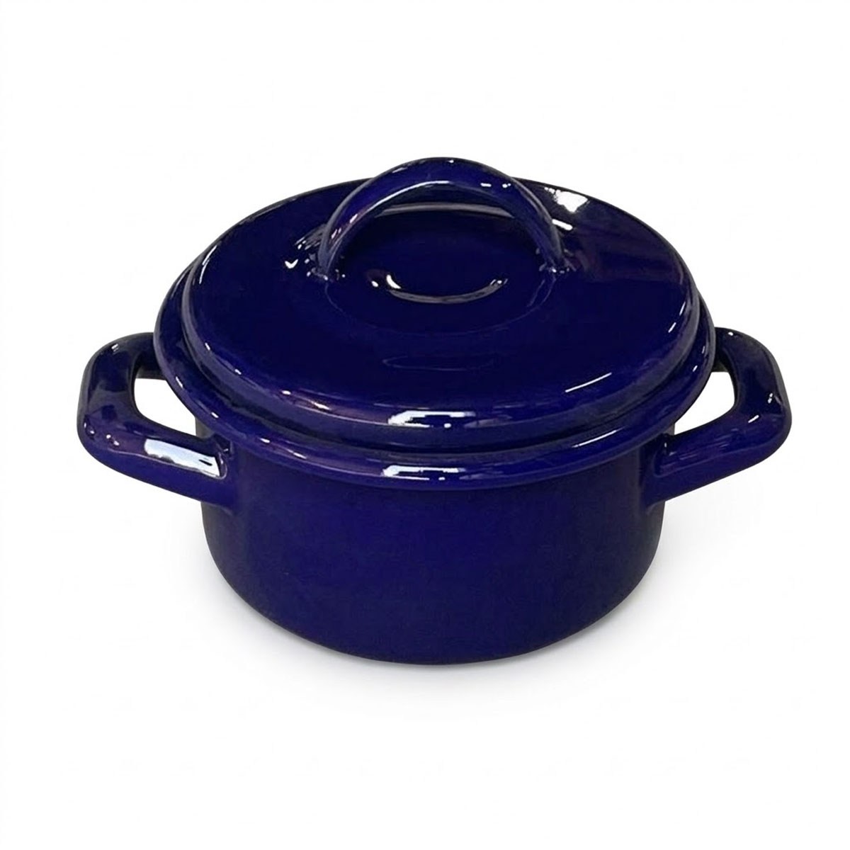 Çamlıca Home kobalt mavi parlak emaye 12 cm çift kulplu kapaklı mini tencere ve porsiyonluk sunum kabı
