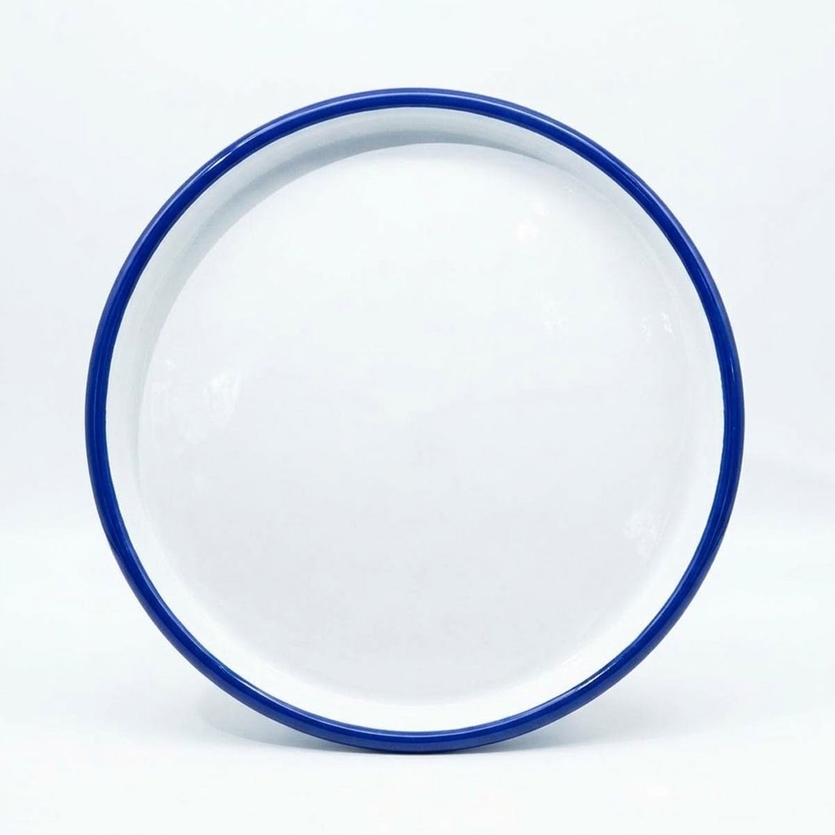 Çamlıca Home kobalt mavi kordon biyeli beyaz emaye 22 cm yuvarlak pizza börek sunum tabağı
