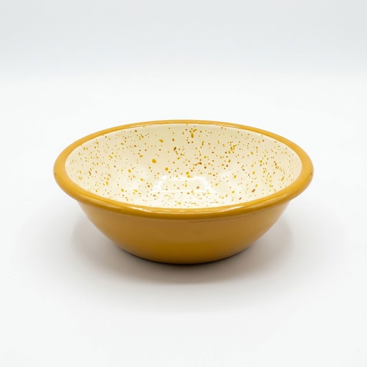 Çamlıca Home hardal sarısı gövdeli krem zemin üzeri altın sarı iç serpme desenli 20 cm emaye salata kasesi