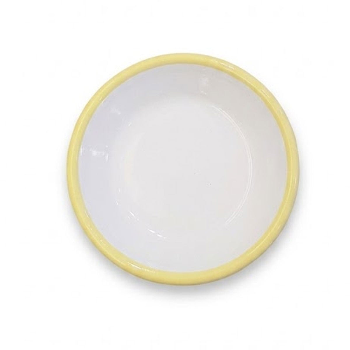 Sarı kordon detaylı neşeli retro tarzıyla sofra sunumuna sıcaklık katan beyaz emaye tabak 12 cm Çamlıca Home