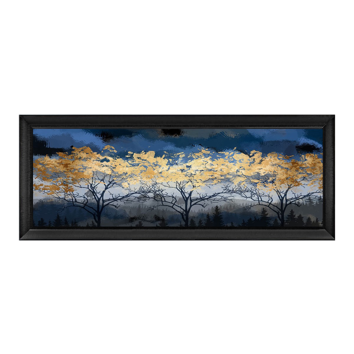 Modern ofis dekorunda siyah çerçeveli lacivert soyut tablo profesyonel durur mu diyenlere Emayra 50x150 cm şık çözüm - Çamlıca Home