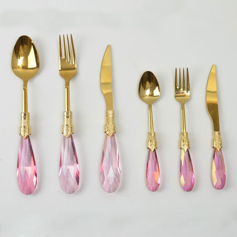 Emayra Diamond 36 parça pembe kristal saplı altın titanyum kaplama çatal kaşık bıçak seti - Çamlıca Home