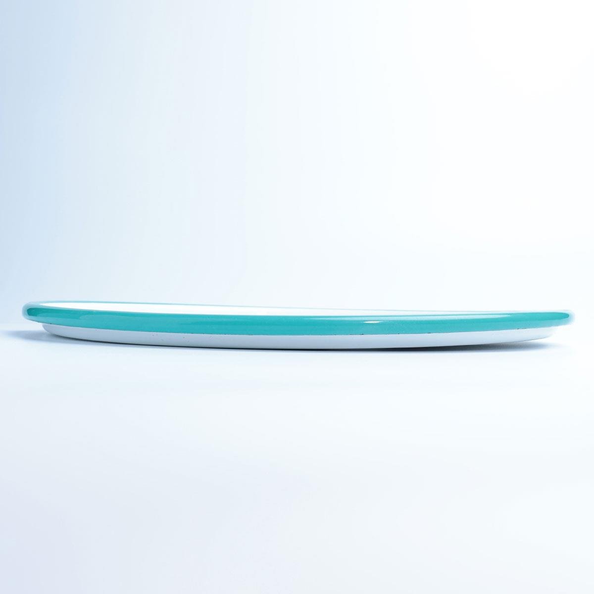 Emayra Emaye Pizza Tepsisi 32 cm - Beyaz yüzey, turkuaz kordon detayı, yan görünüm