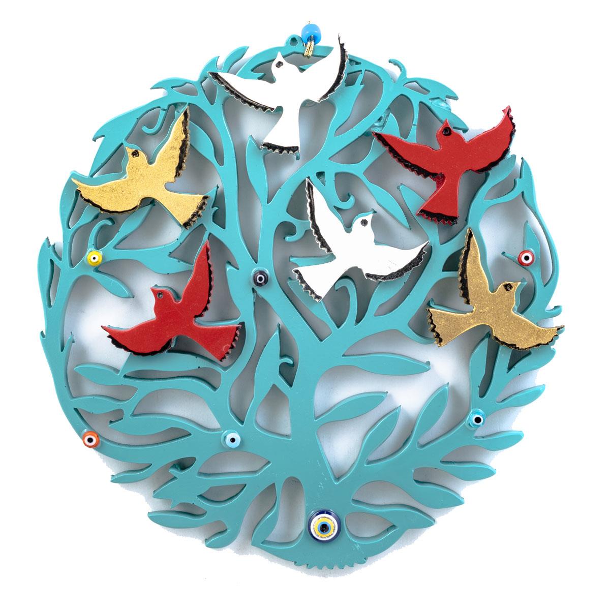 El işçiliği polyester hayat ağacı duvar dekoru, turkuaz renk, kırmızı, beyaz ve altın kuşlu ve nazar boncuğu detaylı