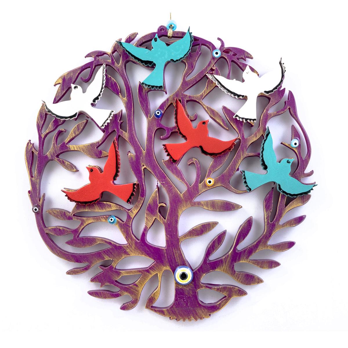 Emayra Marka Ametist Rengi Hayat Ağacı Duvar Süsü, Uçuşan Kuşlar ve Nazar Boncukları ile Dekoratif Duvar Aksesuarı