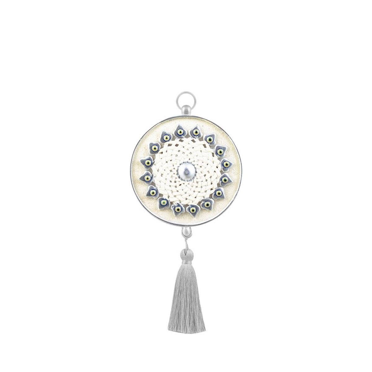 Emayra Tekli Nazar Boncuklu Duvar Süsü Krem Gümüş | Geleneksel Desenli - Emayra