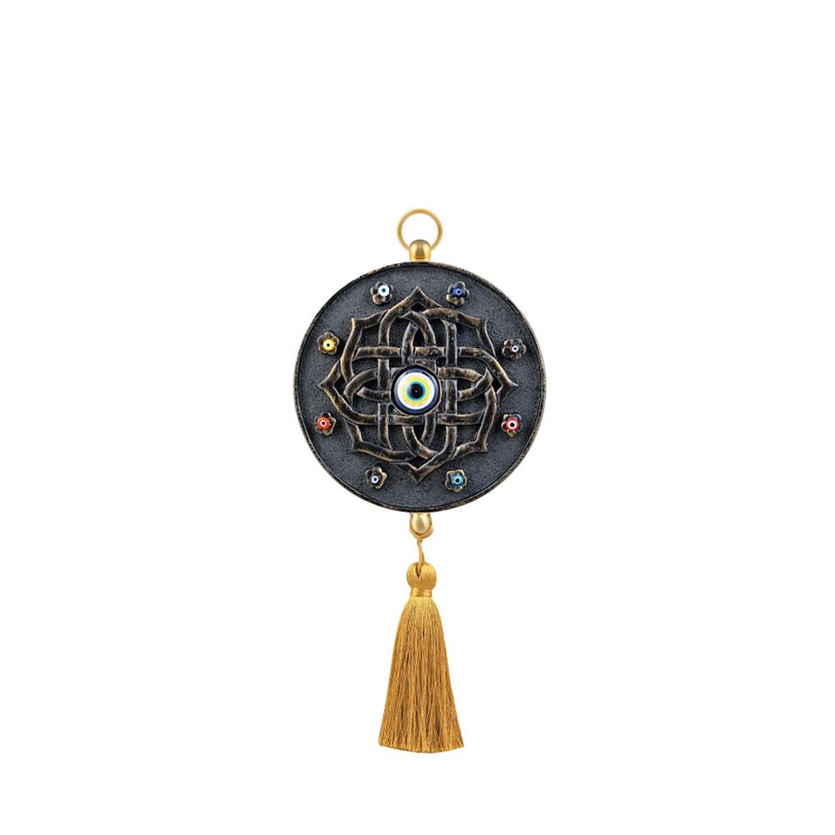 Emayra Tekli Nazar Boncuklu Duvar Süsü, füme altın rengi ve mandala desenli