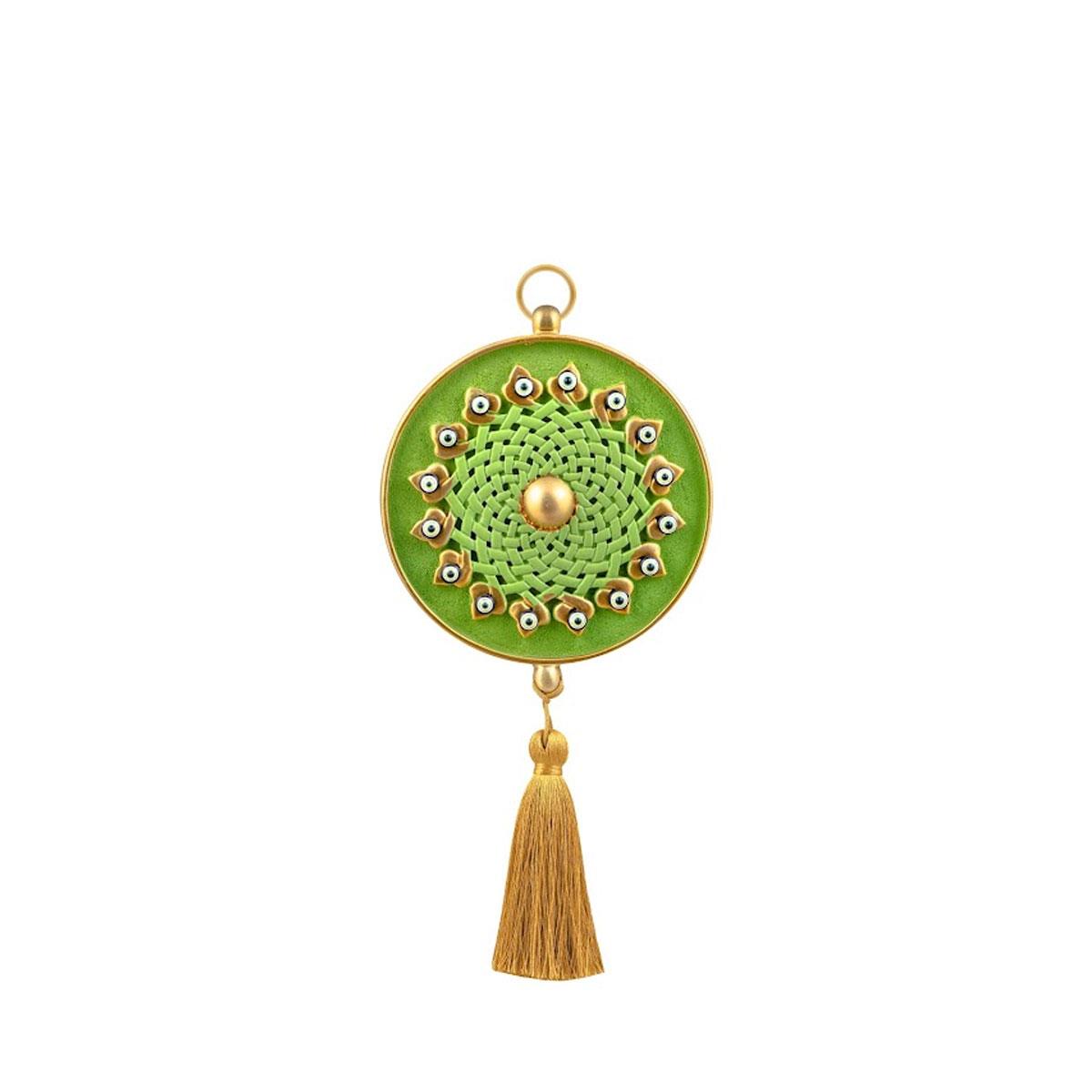 Emayra, tekli nazar boncuklu duvar süsü, yeşil ve altın rengi, geleneksel desenli, püsküllü.