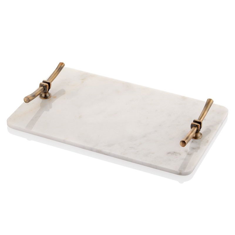 Evza Dikdörtgen Mermer Tepsi Beyaz Bronz - Seta Bianca