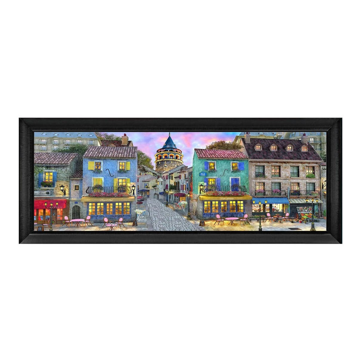 Galata Kulesi ve nostaljik sokak manzaralı siyah çerçeveli dokulu büyük boy duvar tablosu Çamlıca Home