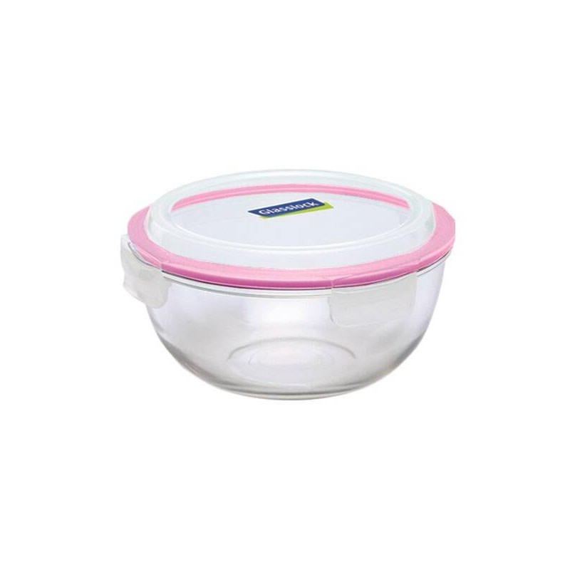Glasslock Yuvarlak Cam Saklama Kabı 2000 ml - Pembe Kilitli Kapaklı, Büyük Boy Temperli Cam Saklama Kutusu