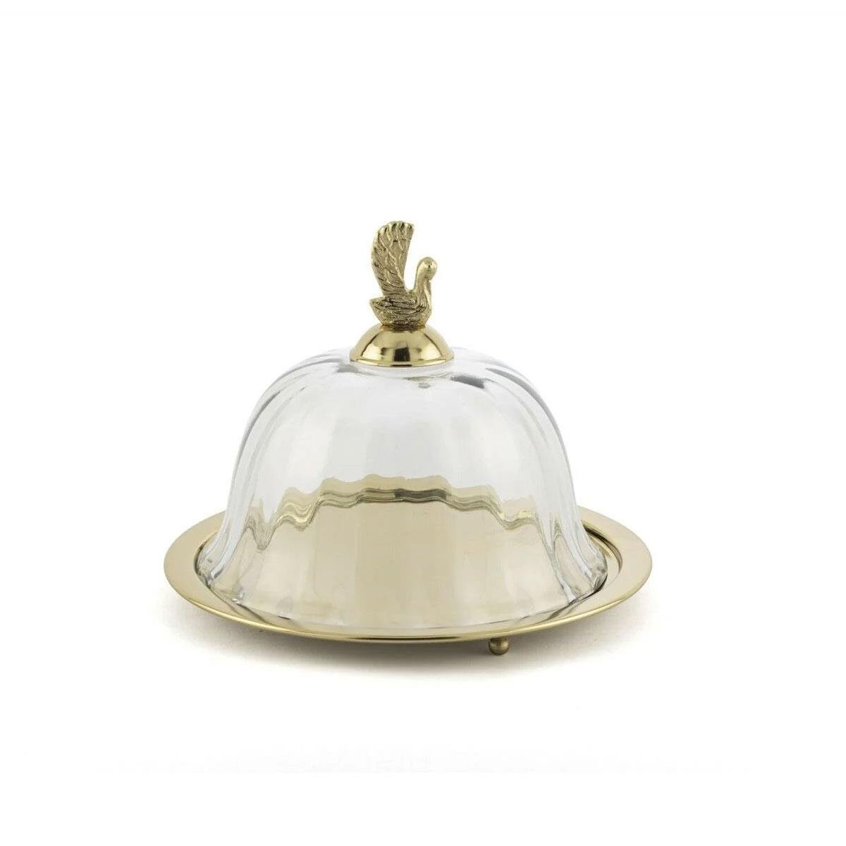 Gold Cam Kapaklı Yuvarlak Sunumluk 20x16 cm - Kuş Figürlü Metal Tepsi