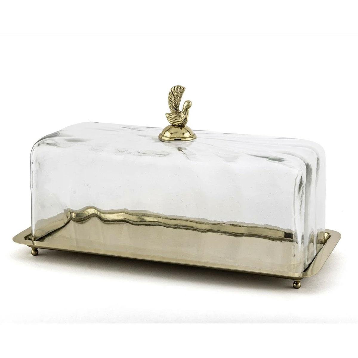 Gold Dikdörtgen Cam Kapaklı Sunumluk 35x17x20 cm - Kuş Figürlü Metal Tepsi