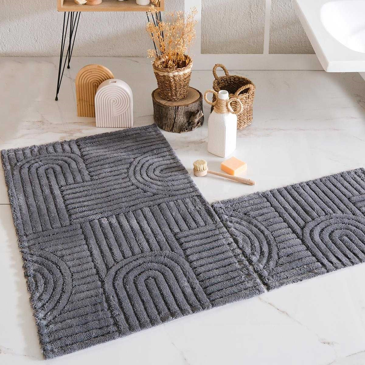 HCW Babil antrasit renkli geometrik kabartma desenli 2'li banyo paspas seti - Çamlıca Home