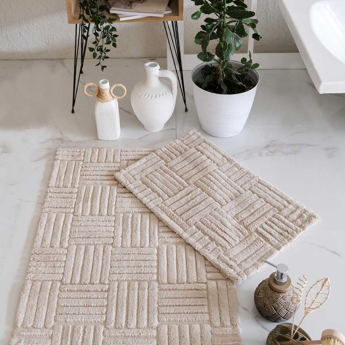 HCW Cubin bej renkli sepet örgü kabartma desenli 2'li banyo paspas seti - Çamlıca Home