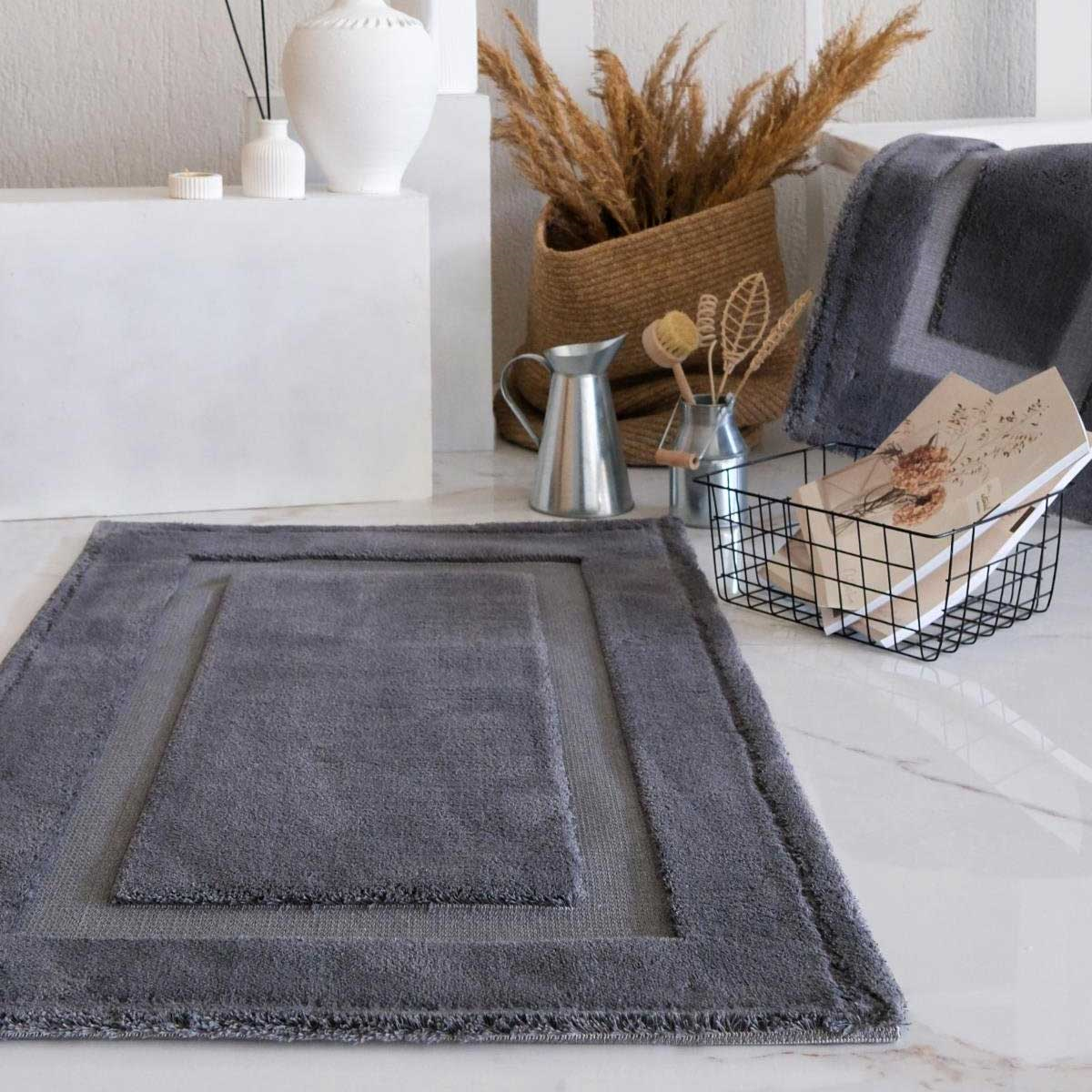 HCW Stan antrasit renkli minimalist çerçeve desenli 2'li pamuklu banyo paspas seti - Çamlıca Home