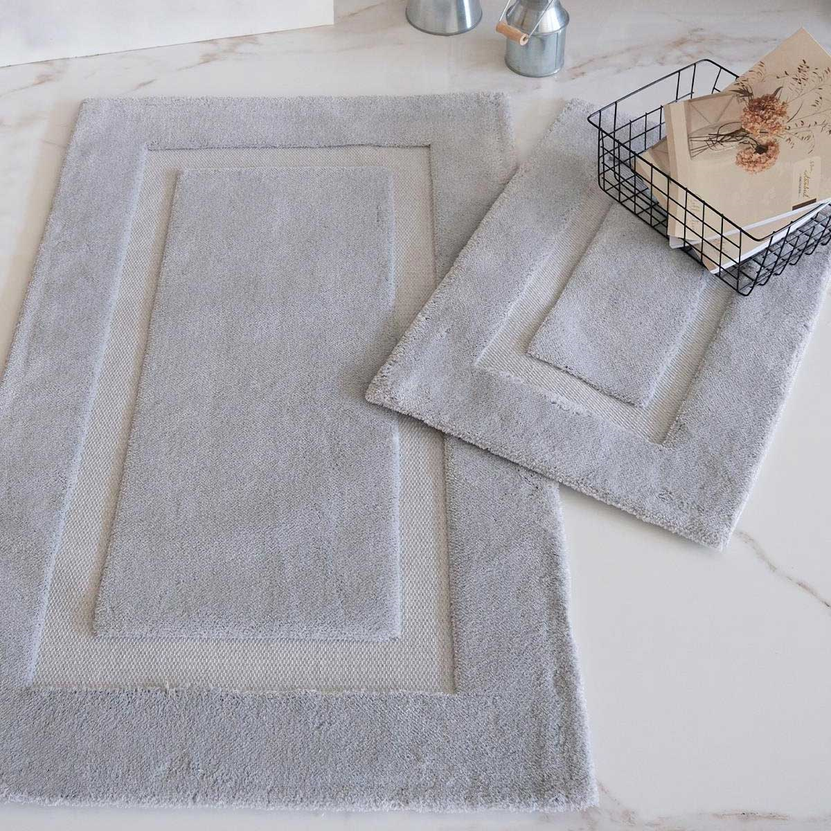 HCW Stan gri renkli minimalist çerçeve desenli 2'li pamuklu banyo paspas seti - Çamlıca Home