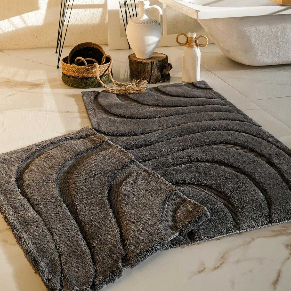 HCW Vaven antrasit renkli modern dalga kabartma desenli 2'li banyo paspas seti - Çamlıca Home