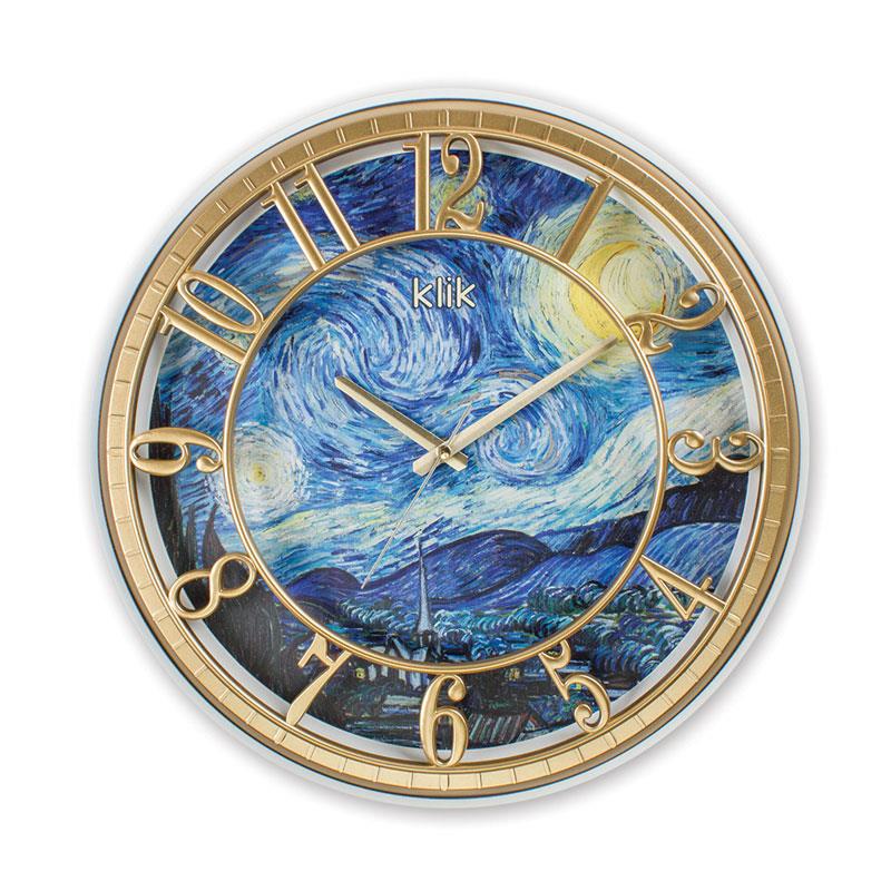 Klik Hisar Yıldızlı Geceler duvar saatinin ön cephe görseli. Gold çerçeveli, Van Gogh'un 