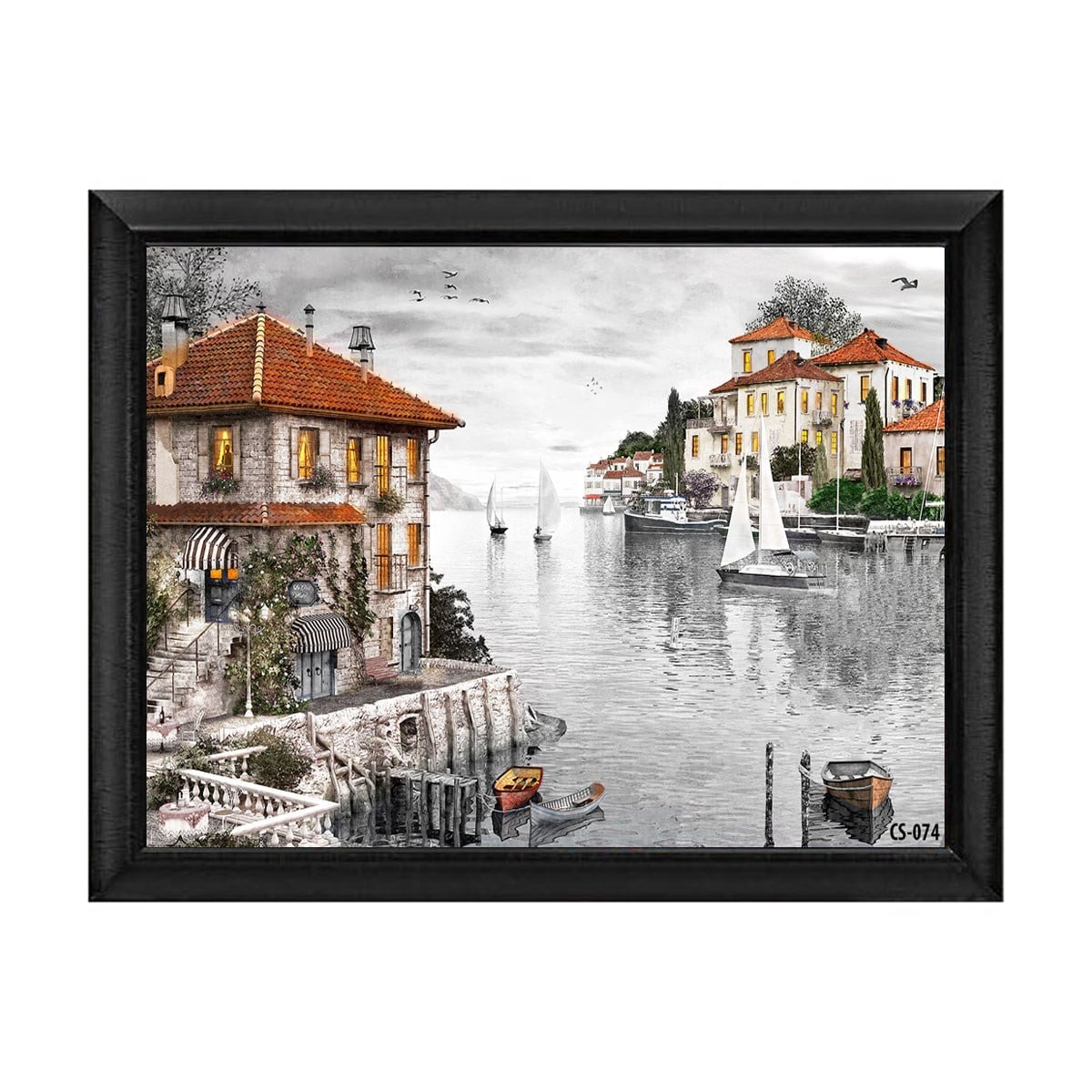 Siyah çerçeveli sahil kasabası ve yelkenli tekneler tablosu cs-074 - Çamlıca Home