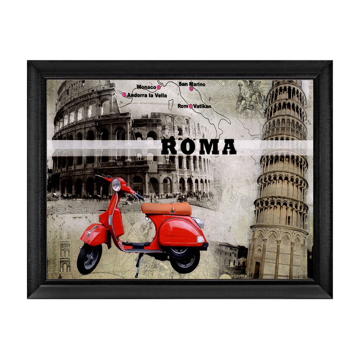Siyah çerçeveli kırmızı Vespa ve Roma İtalya şehir temalı tablo ls-108 - Çamlıca Home