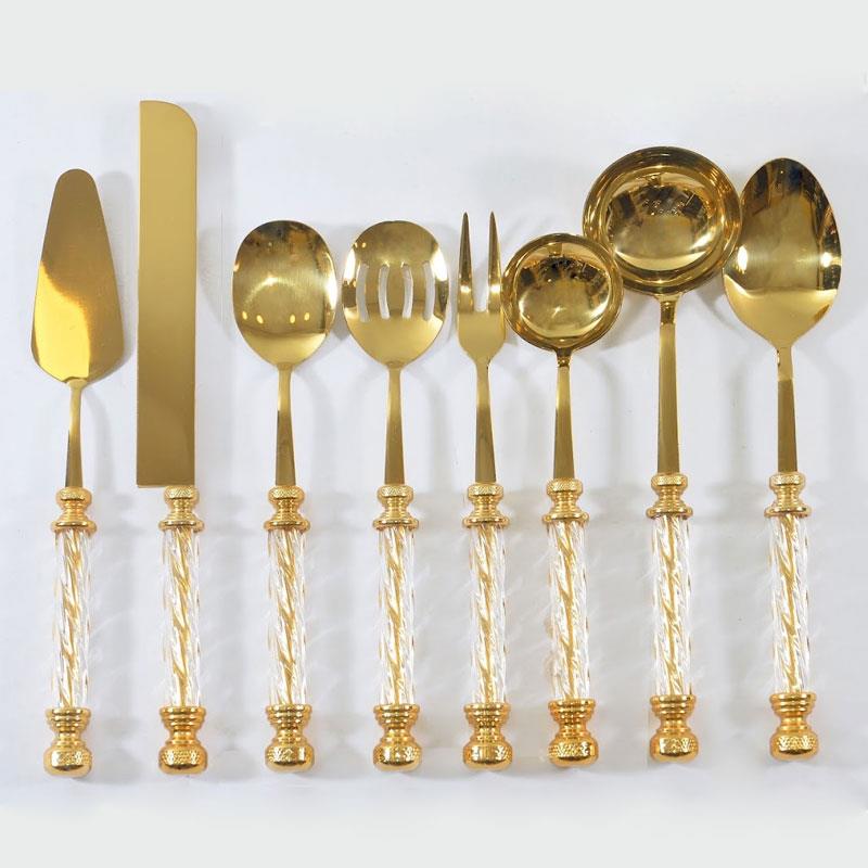 Emayra Kristal 8 parça servis seti altın titanyum kaplama. Kristal saplı pasta spatulası, bıçak, kepçe ve servis kaşıklarından oluşan lüks sunum seti - Çamlıca Home