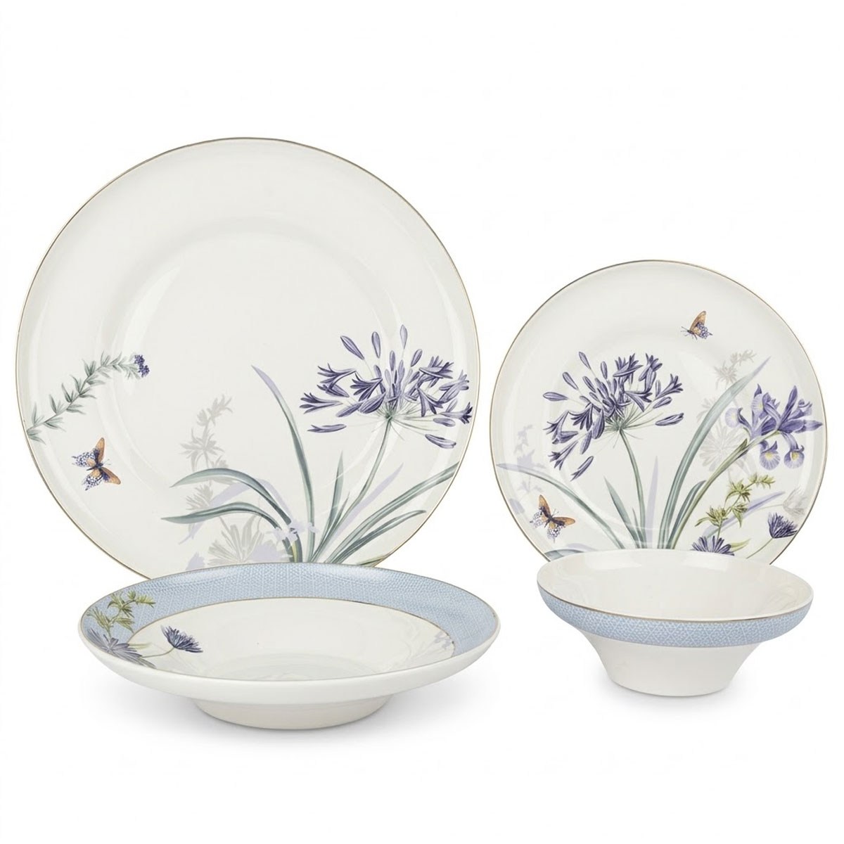 Çamlıca Home Lavender Flutter serisi lavanta çiçek ve kelebek motifli mavi geometrik bordürlü porselen servis çukur pasta tabağı ve çorba kasesi 24 parça yemek takımı seti beyaz zemin ürün çekimi